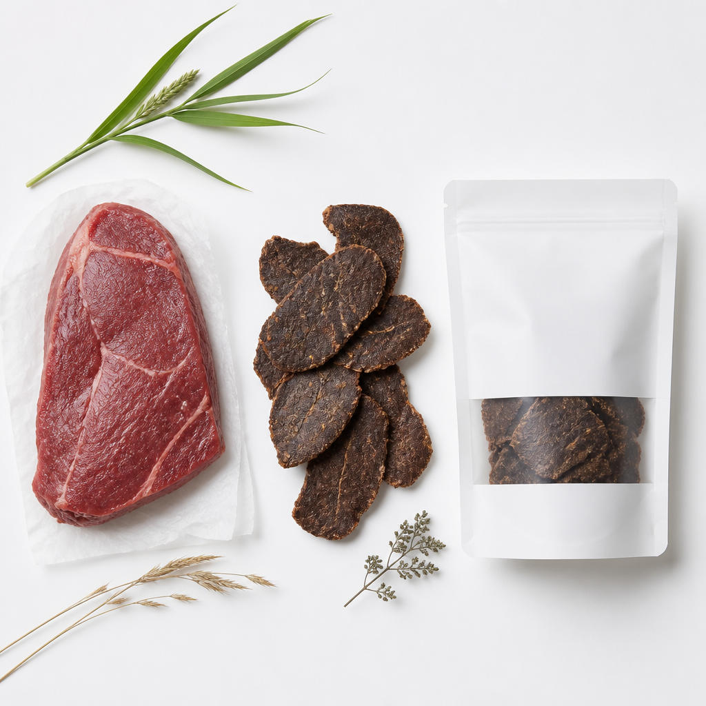 Flat-lay showing the progression of Australian beef from raw ingredient to finished air-dried dog treat