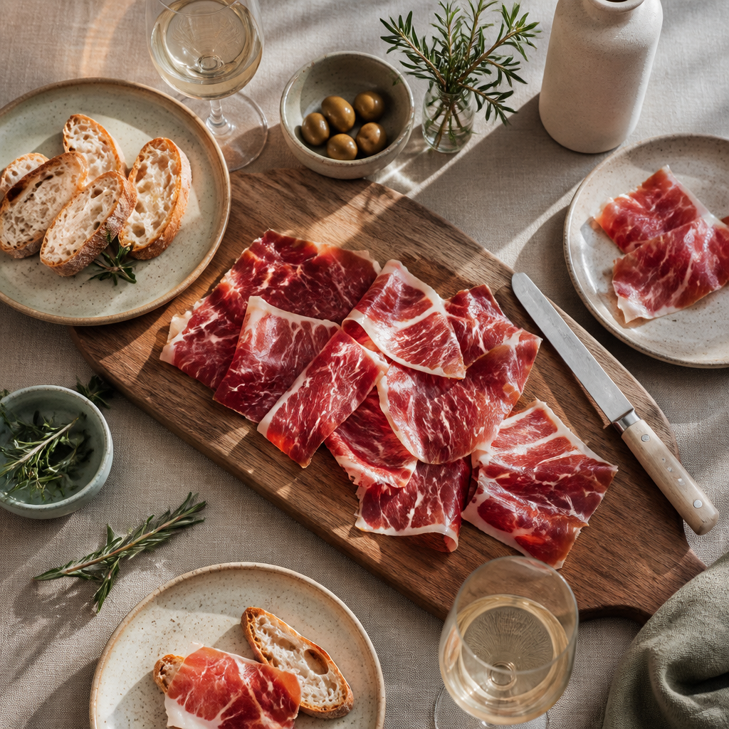 Mesa de cata de jamón ibérico en casa con lonchas finas, accesorios de degustación y acompañamientos.