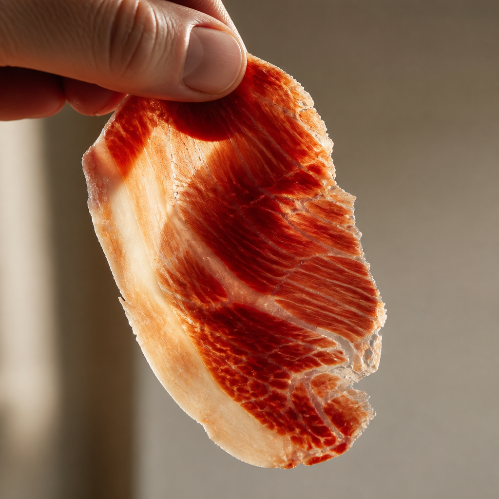 Detalle de una loncha de jamón ibérico 100% bellota mostrando su textura y color.