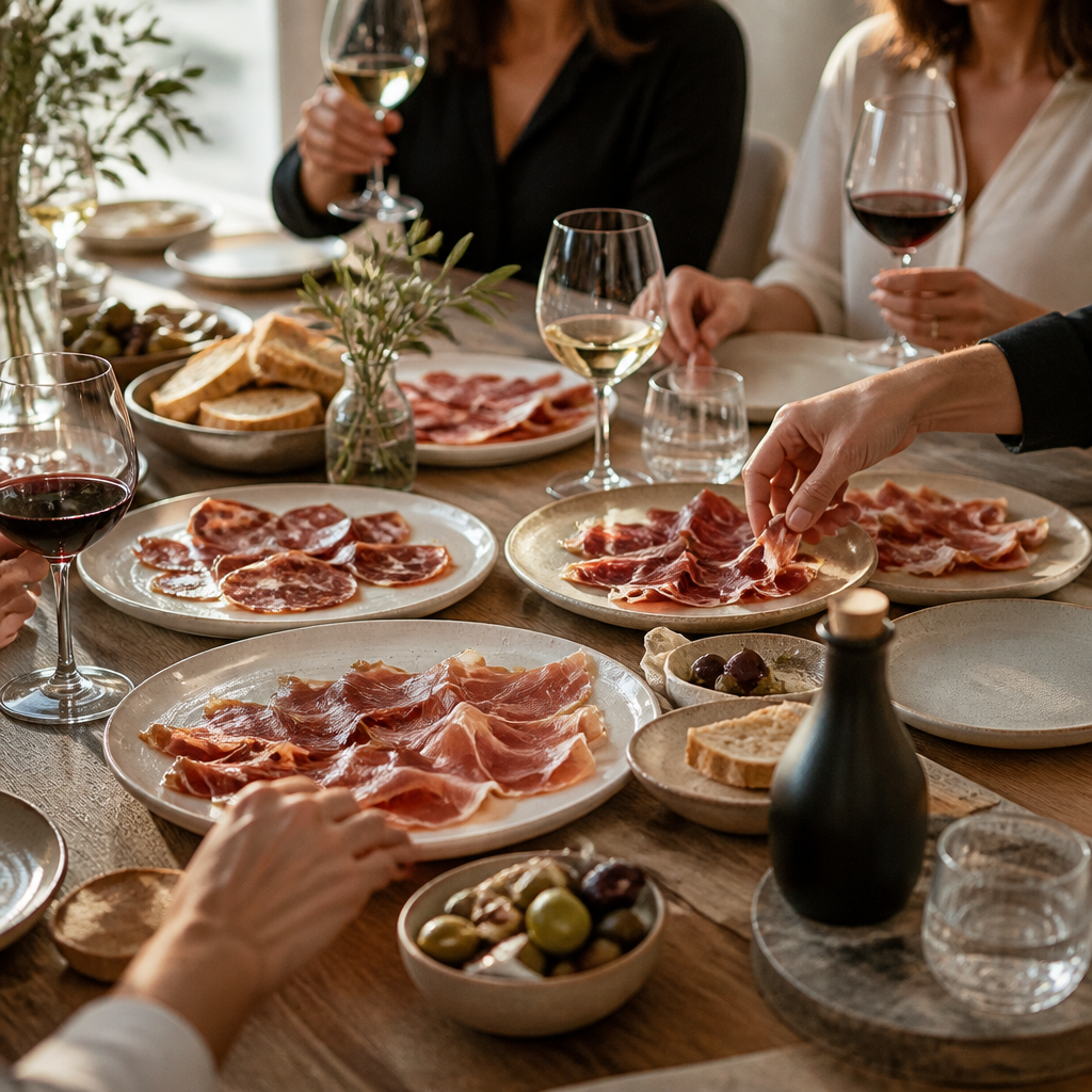 Experiencia de cata compartida en casa con múltiples jamones ibéricos y acompañamientos para degustación grupal.