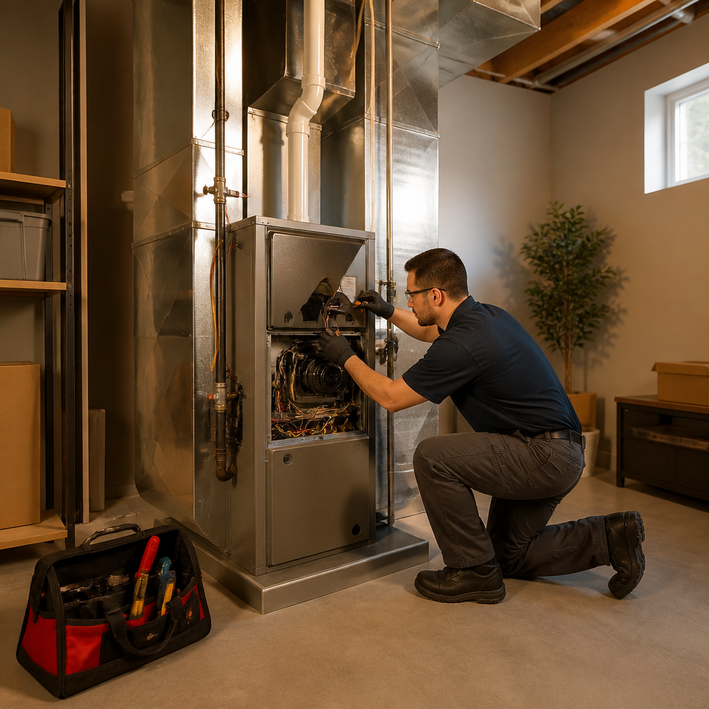 HVAC technician installing a gas furnace in a Phoenix residential home