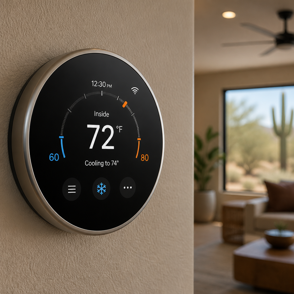 Smart thermostat displaying heating settings in a Phoenix home