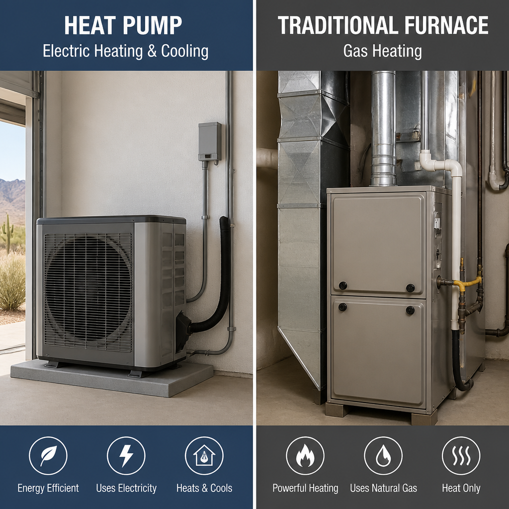 Gas furnace and electric heat pump equipment displayed side by side for heating system comparison