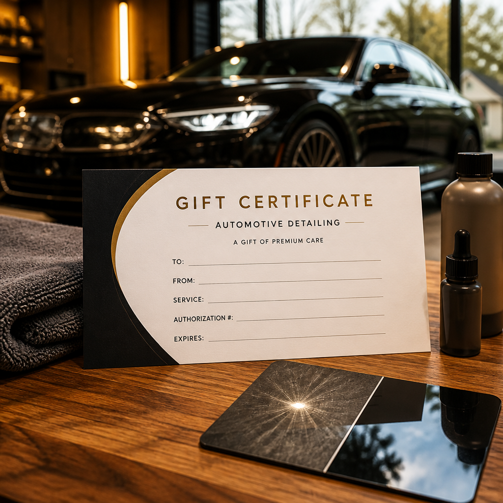 Automotive detailing gift certificate presentation with professional car care materials and luxury vehicle imagery