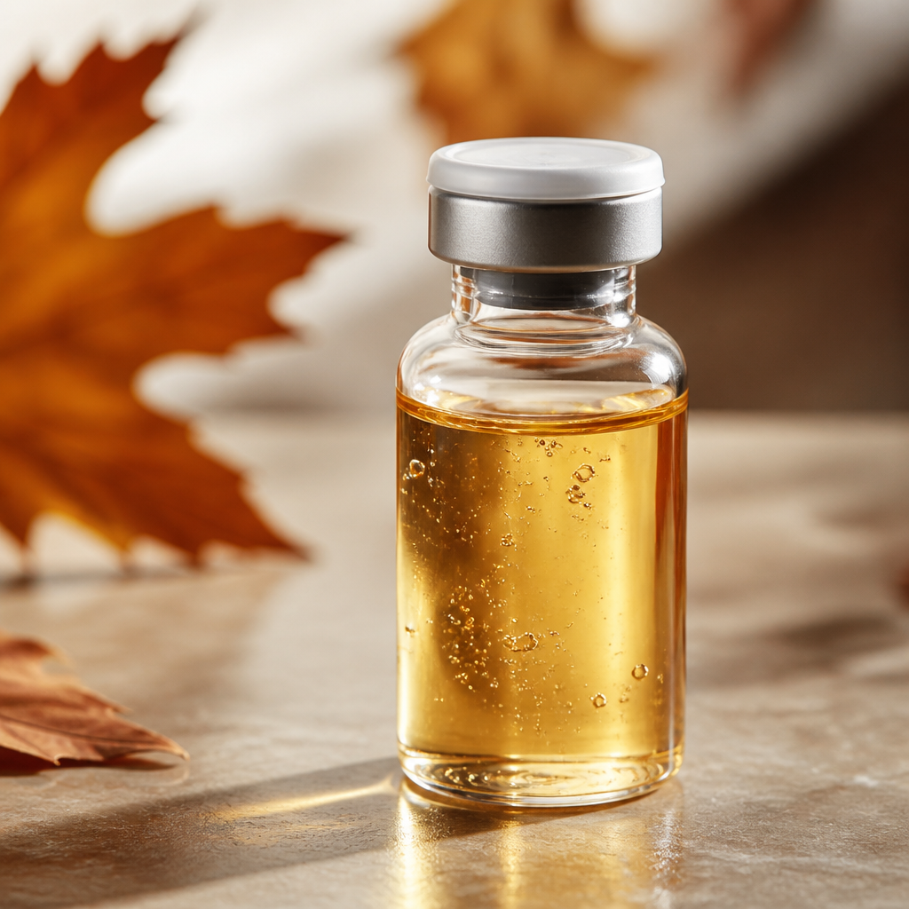 Glass vial of golden amber skincare serum with autumn bokeh background
