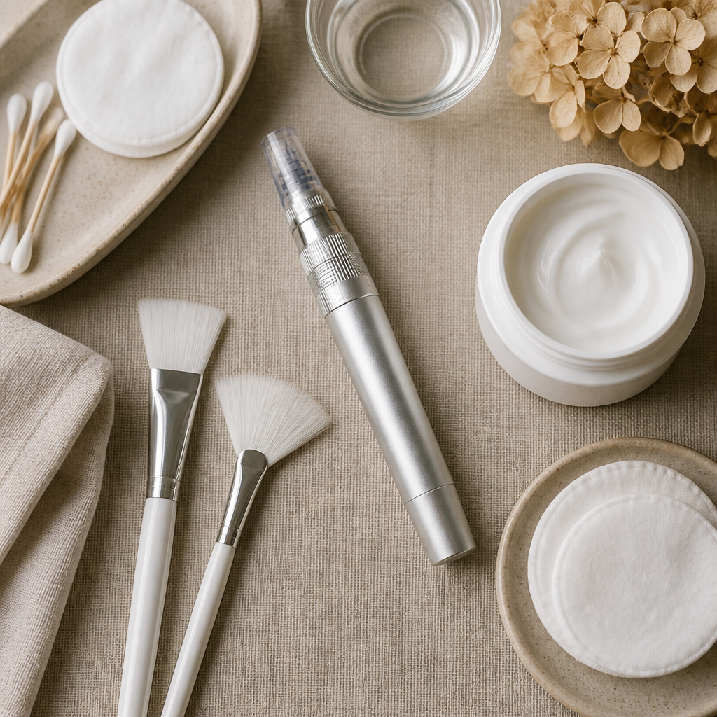 Professional microneedling and skincare treatment tools arranged in flat lay style