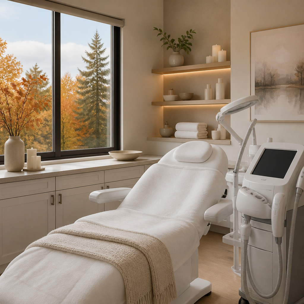 Tranquil medical spa treatment room with autumn light and professional setup