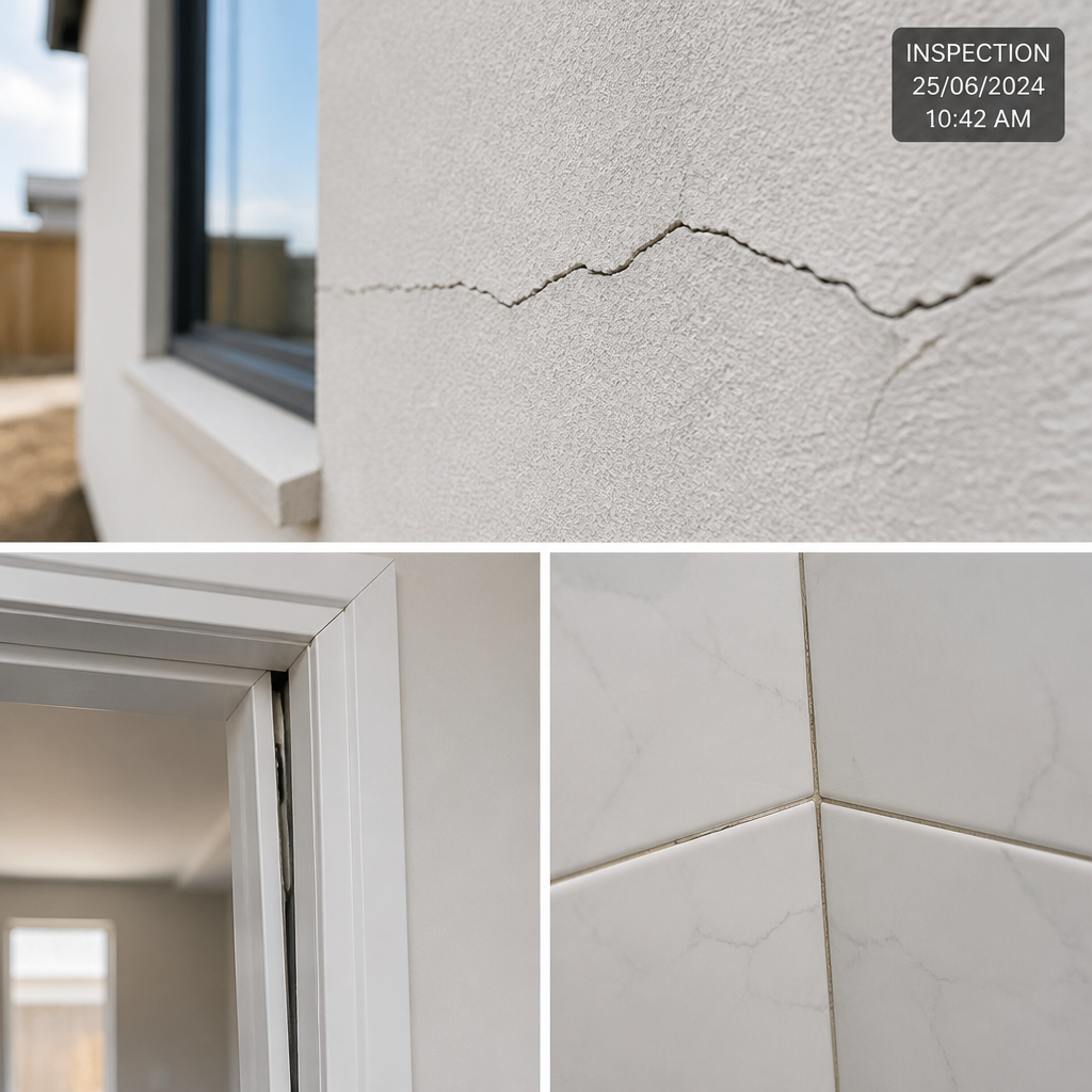 Close-up photograph of construction defects including cracked render, misaligned door frame, and uneven bathroom tiling on a new home
