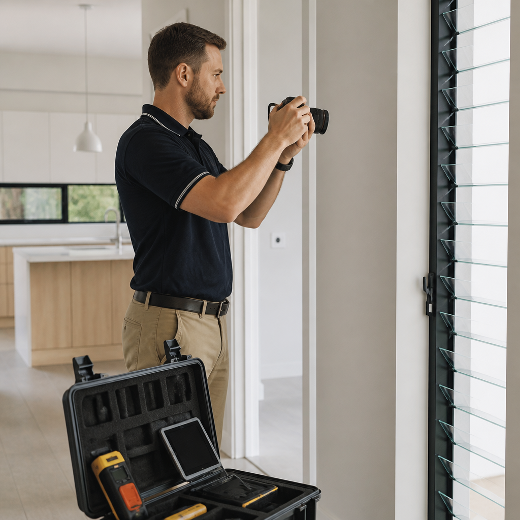 Licensed home inspector photographing and documenting construction defects during a new home inspection
