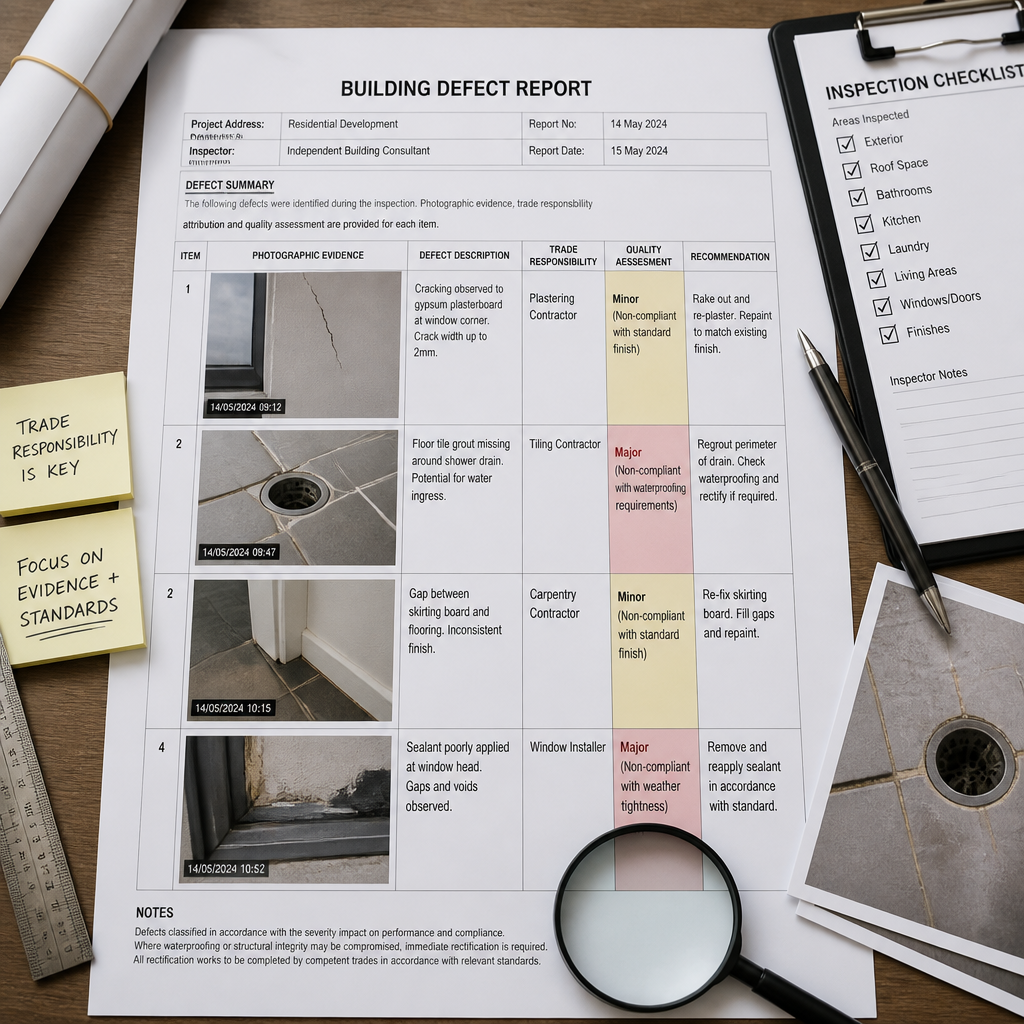 Photographic building defect report document with timestamped images, trade assignments, and inspection findings laid out on a workspace