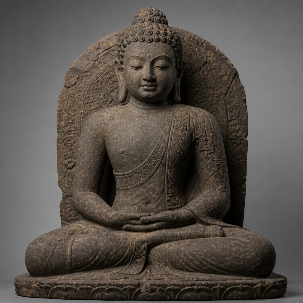 Weathered Javanese Buddha stone statue with intricate carved details and aged patina