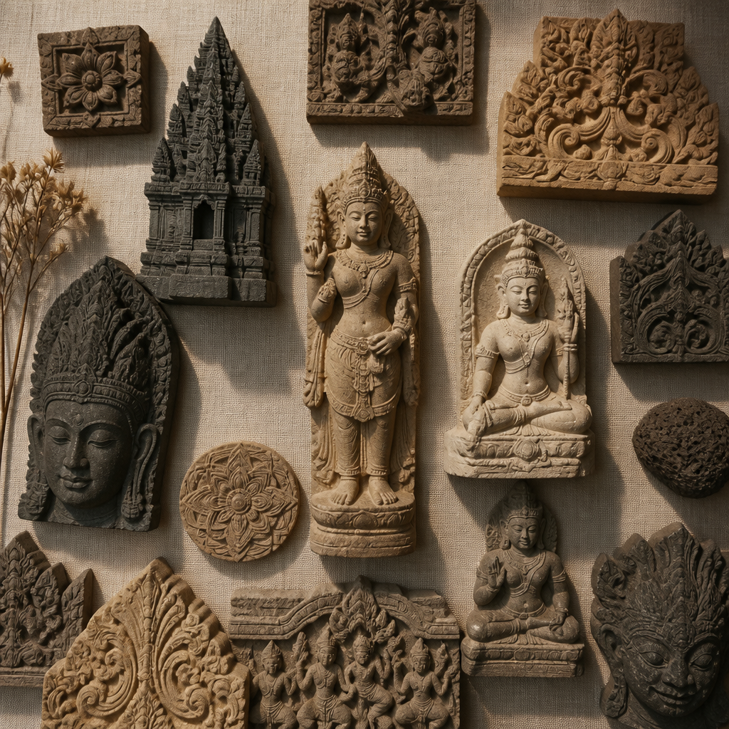 Collection of Indonesian Hindu temple stone carvings and decorative sculpture fragments arranged in an artistic flat lay