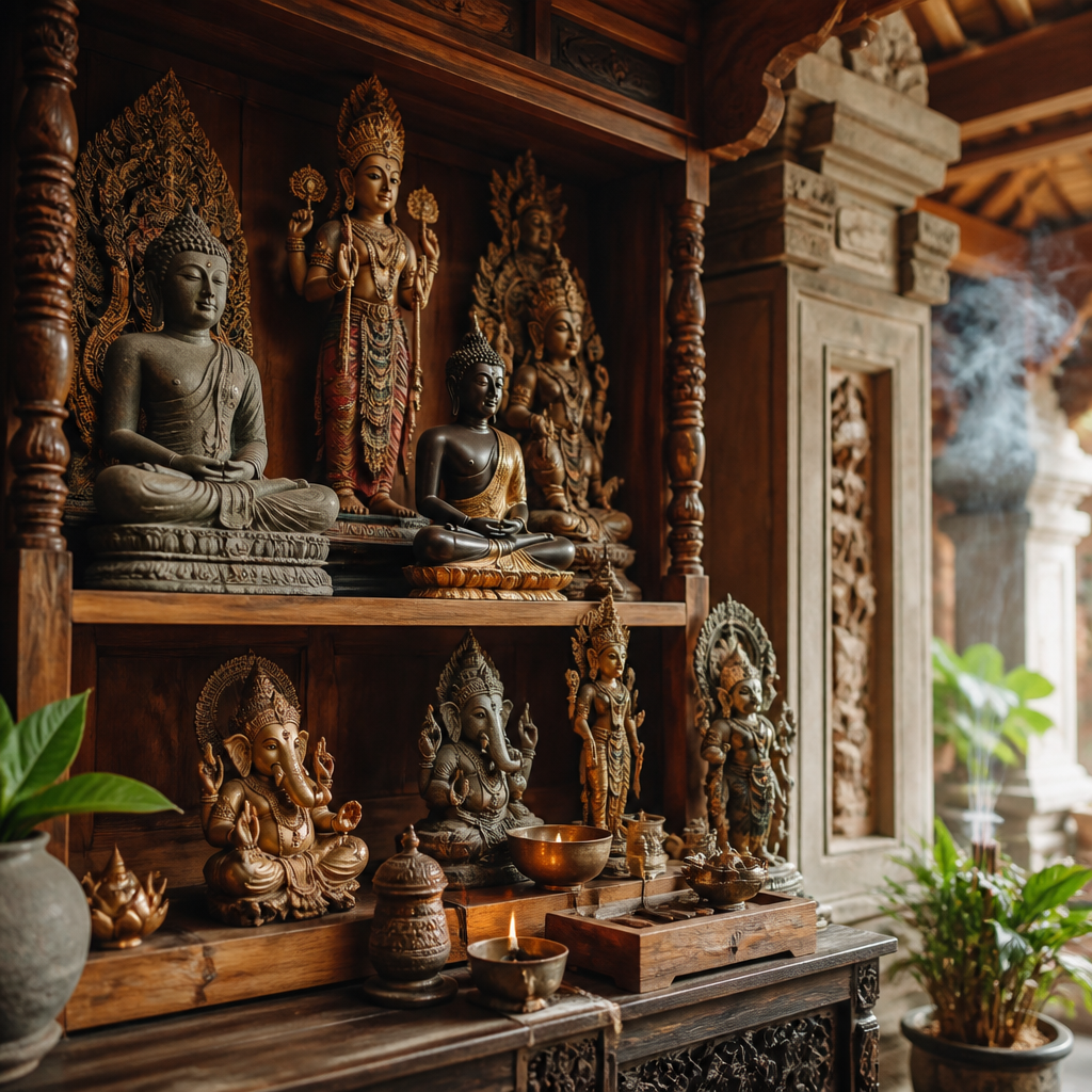 Home altar display with Indonesian Buddhist and Hindu deity statues arranged on carved wooden shelves with warm lighting