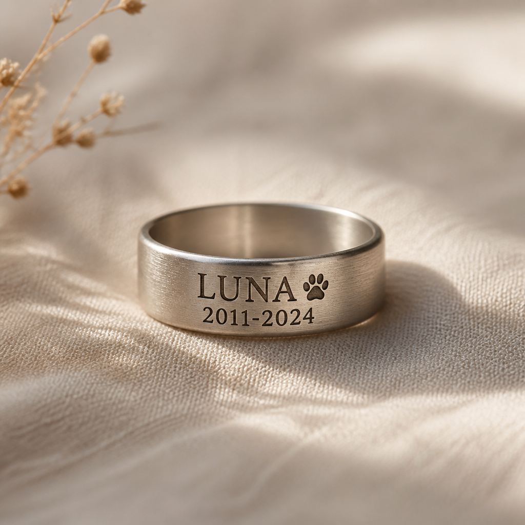Engraved pet memorial ring with personalized details on neutral fabric
