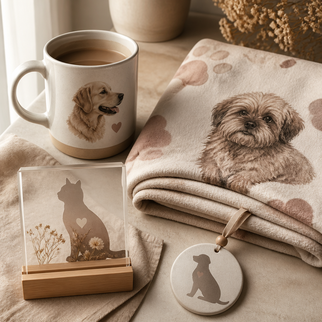 Curated collection of personalized pet memorial gift items arranged in flat lay