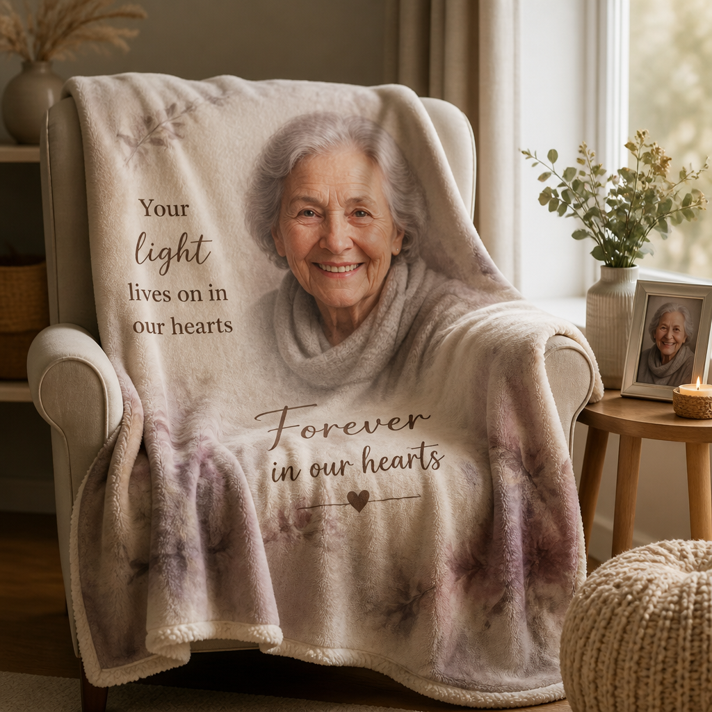 Custom memorial blanket displayed on a chair in a peaceful home setting