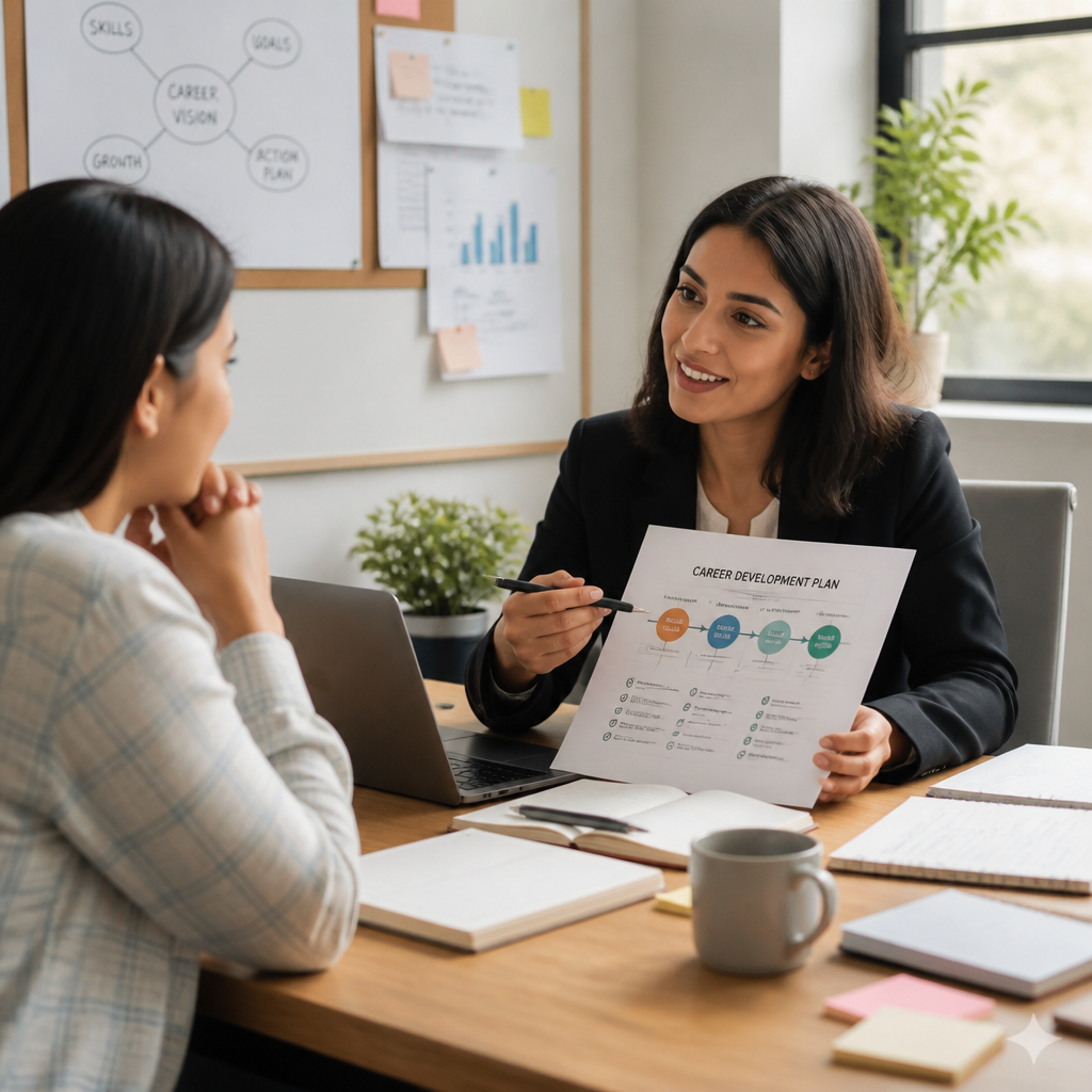 Career advisor consulting with job seeker over a career development plan during a pivotal coaching session