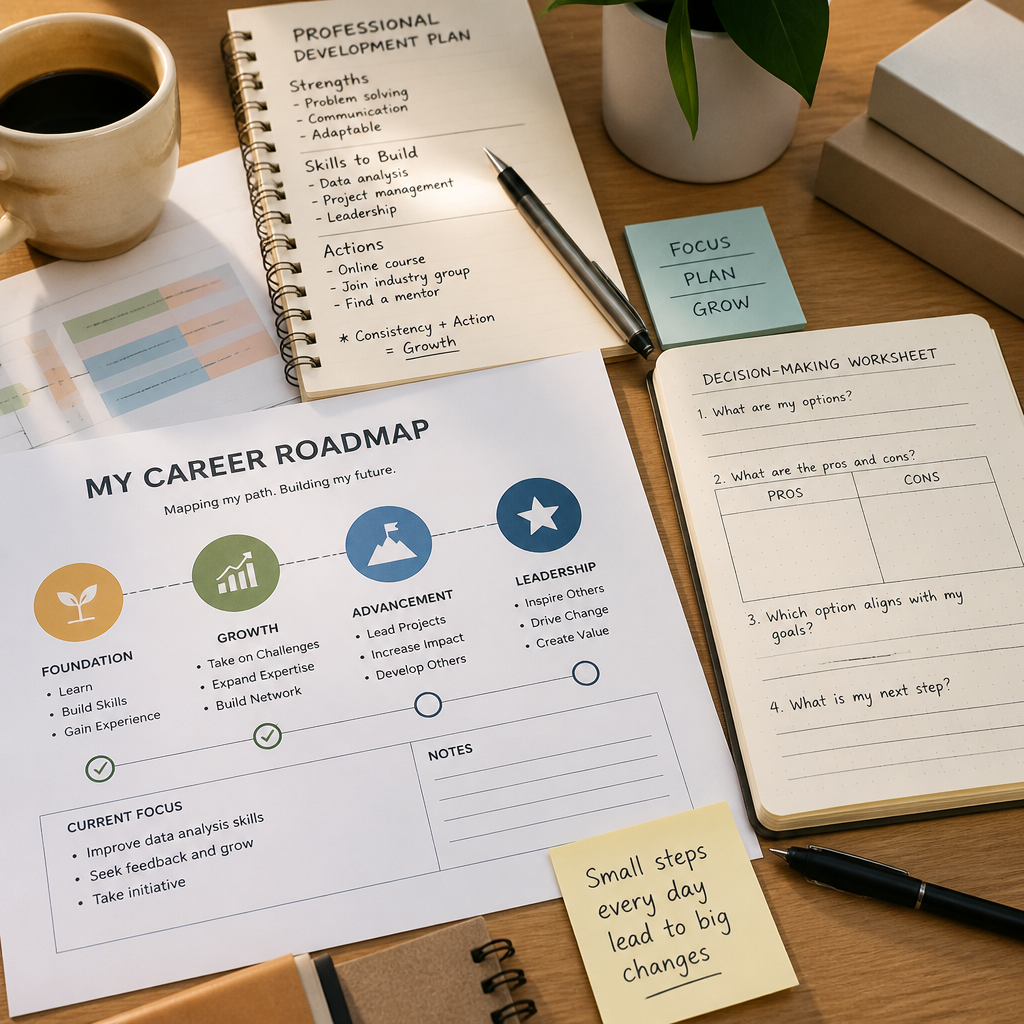 Career planning documents and development resources displayed on a workspace for job seekers
