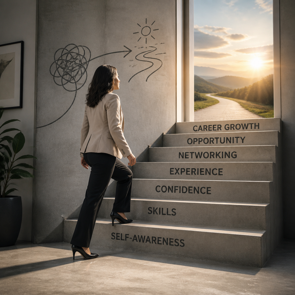 Symbolic representation of career progression showing a job seeker moving forward through actionable steps and milestones