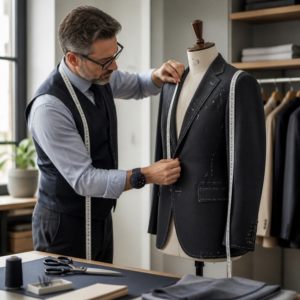 Professional tailor using measuring tape and pins to adjust a blazer on a dress form