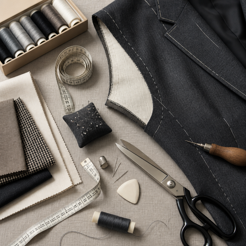 Tailor's workspace showing professional alteration tools and fabric preparation