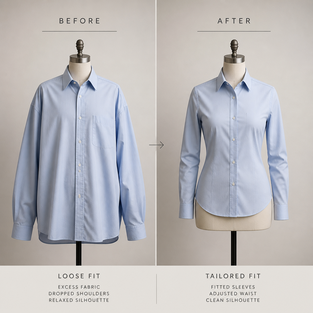 Before and after comparison of a shirt transformation from loose fit to custom tailored fit