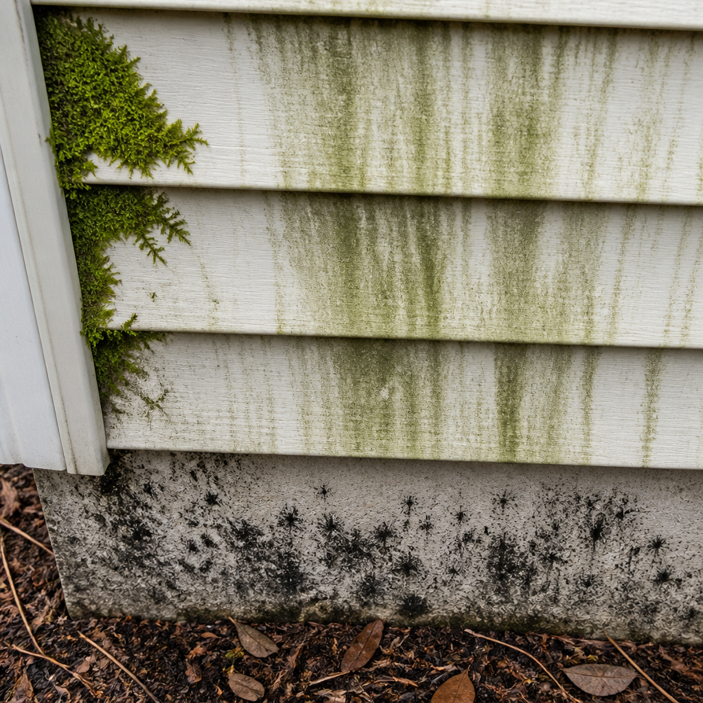 Three types of biological growth on residential siding: moss, algae streaks, and mildew patches