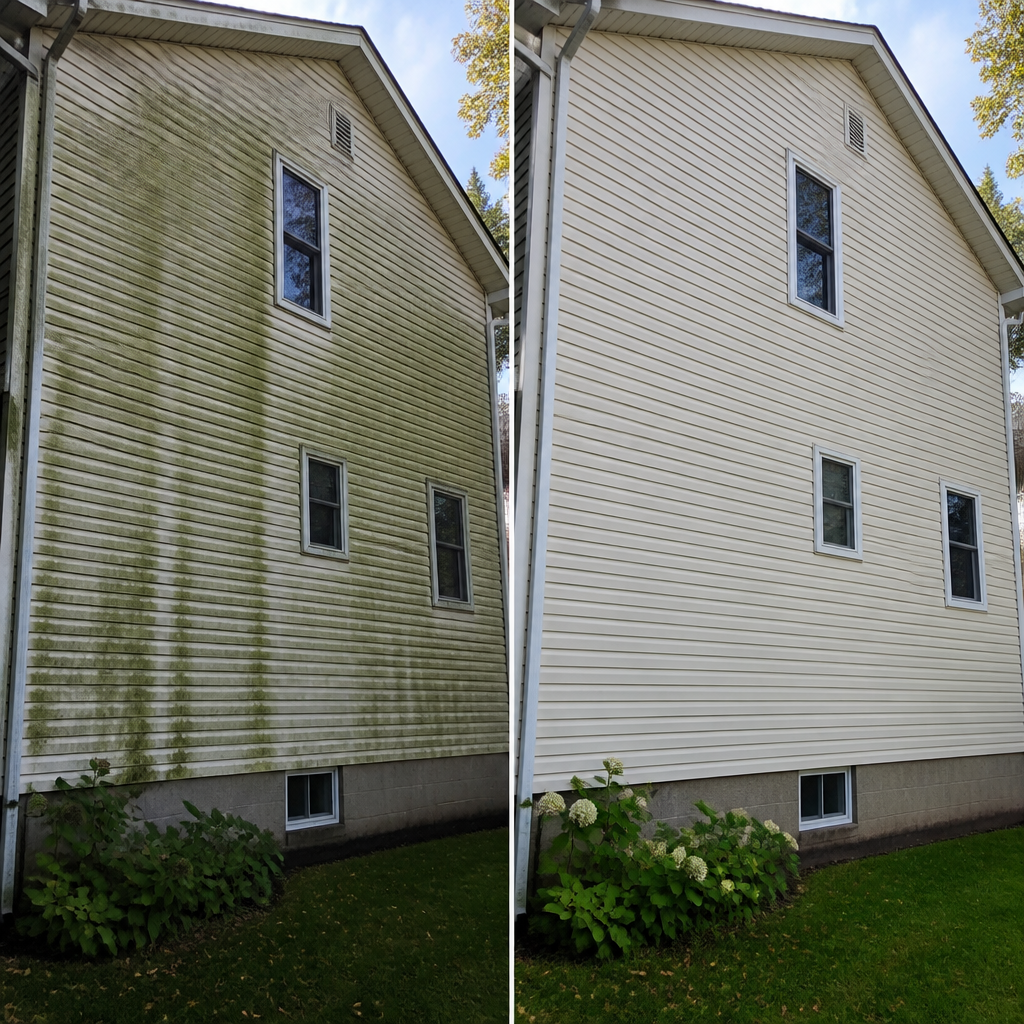 Before and after siding cleaning on a Burlington home exterior