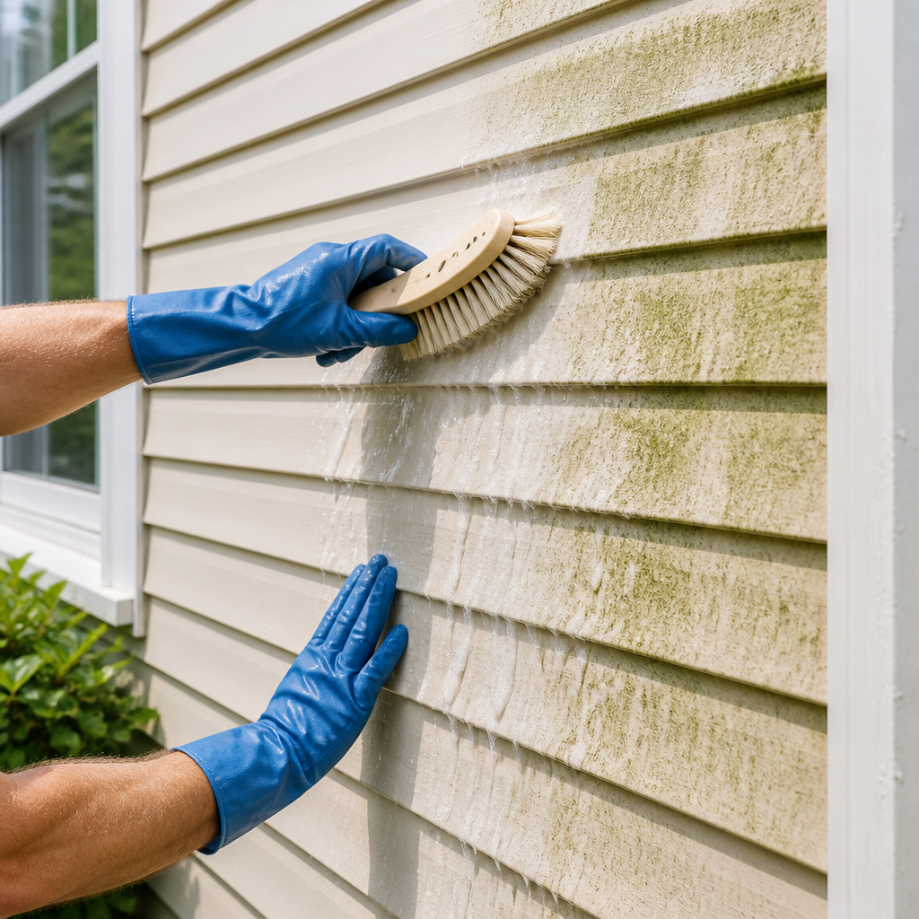 Professional hand-washing siding technique removing algae and mildew buildup