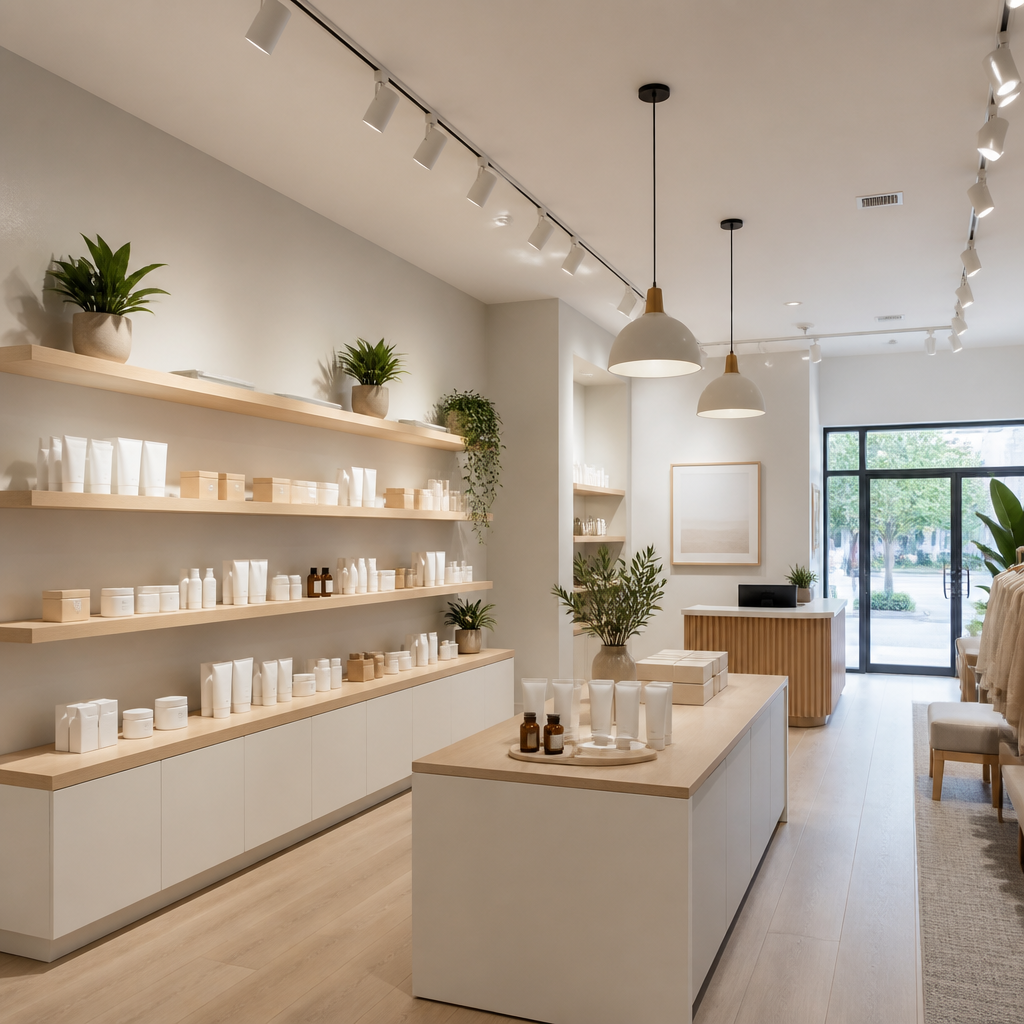 Freshly painted modern retail space with neutral walls and professional lighting