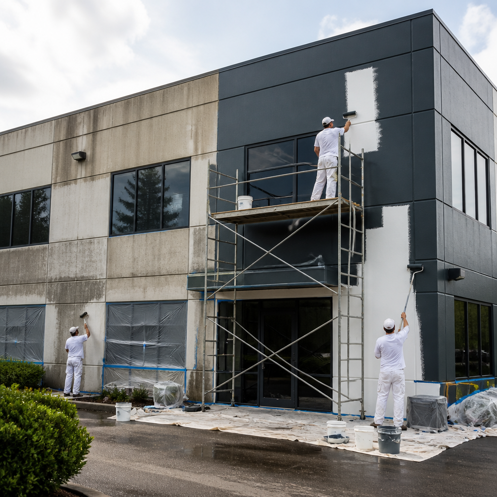 Commercial building exterior undergoing professional exterior painting service