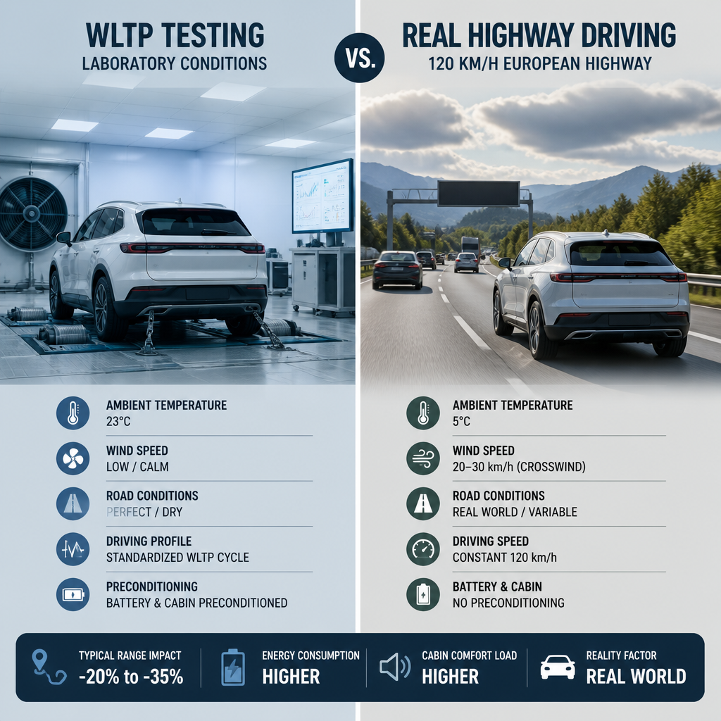 Comparación visual entre condiciones de prueba WLTP y autonomía real en carretera de SUVs eléctricos