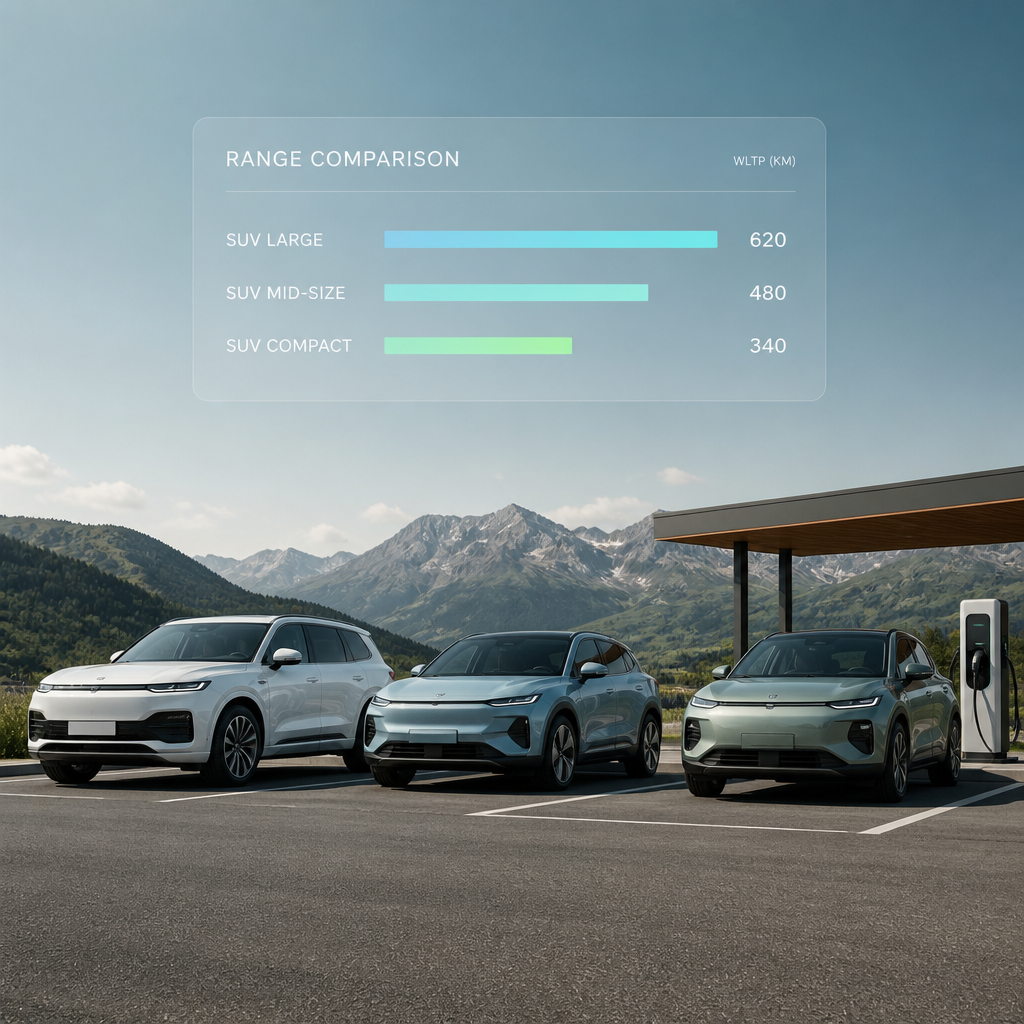 Flota de SUVs eléctricos europeos en área de descanso con gráfico de comparación de autonomía