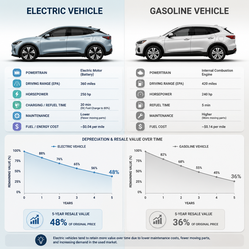 Side-by-side EV and gas vehicle silhouettes with depreciation value curves and resale percentages compared
