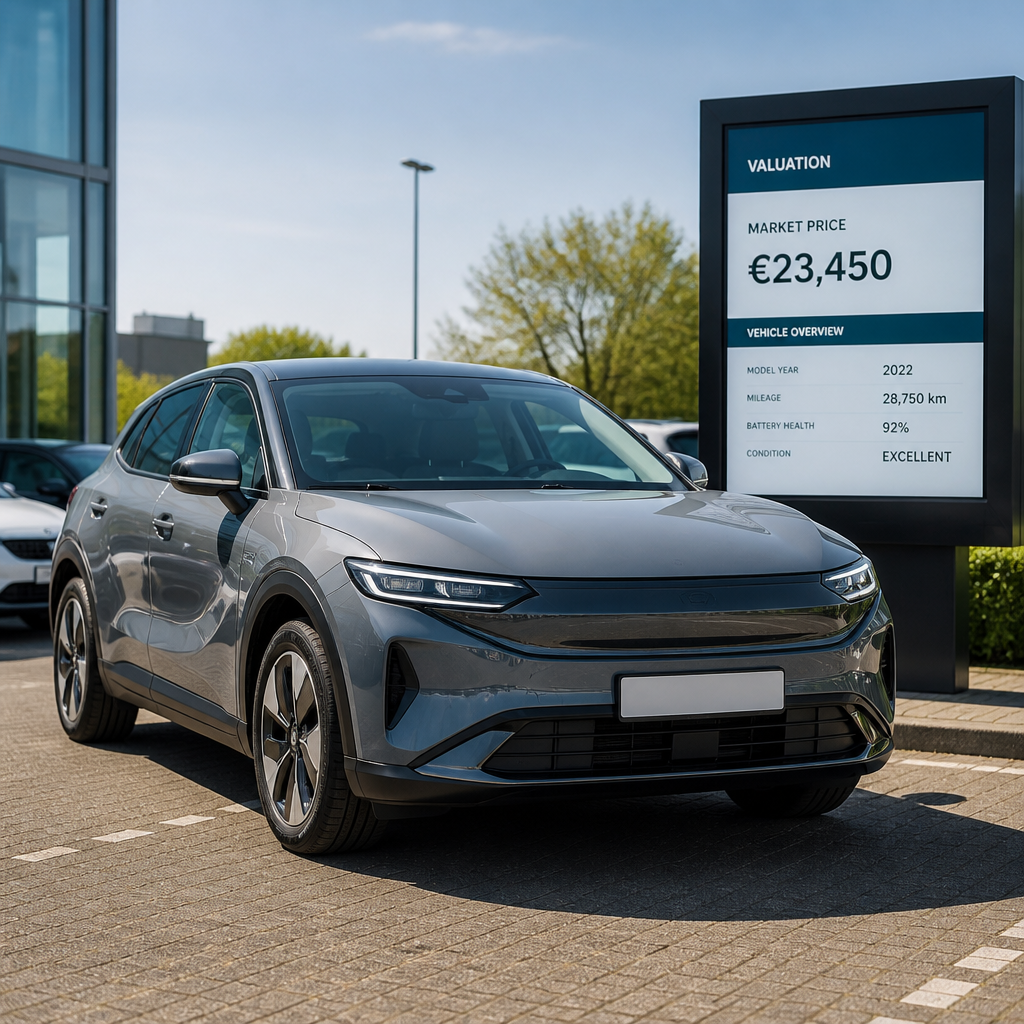 Pre-owned electric vehicle on dealership lot with resale valuation display board in background