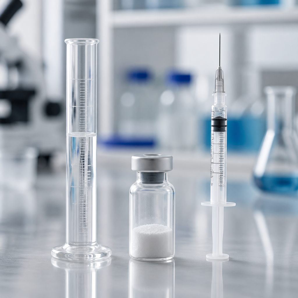 Reconstitution kit components for research peptide preparation laid out on laboratory bench