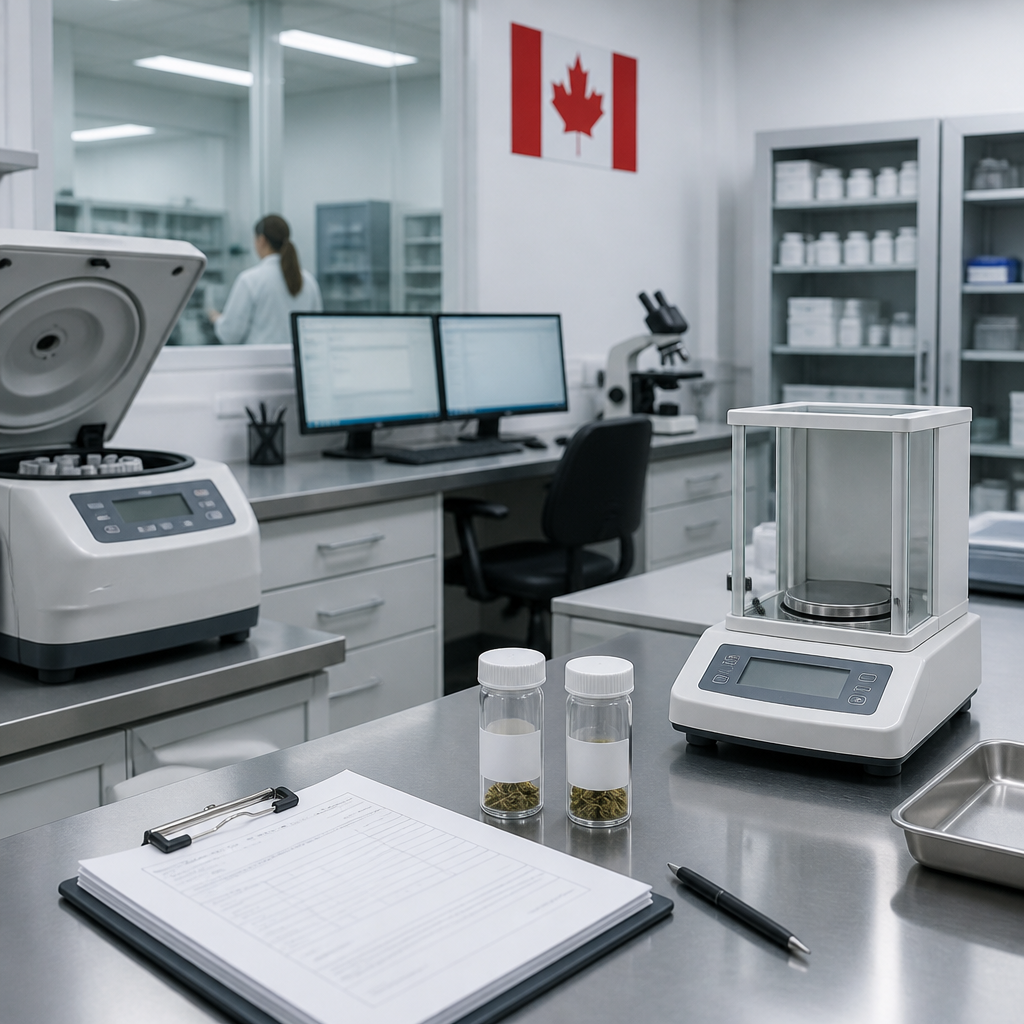 Modern Canadian research laboratory workspace with analytical equipment and documentation station