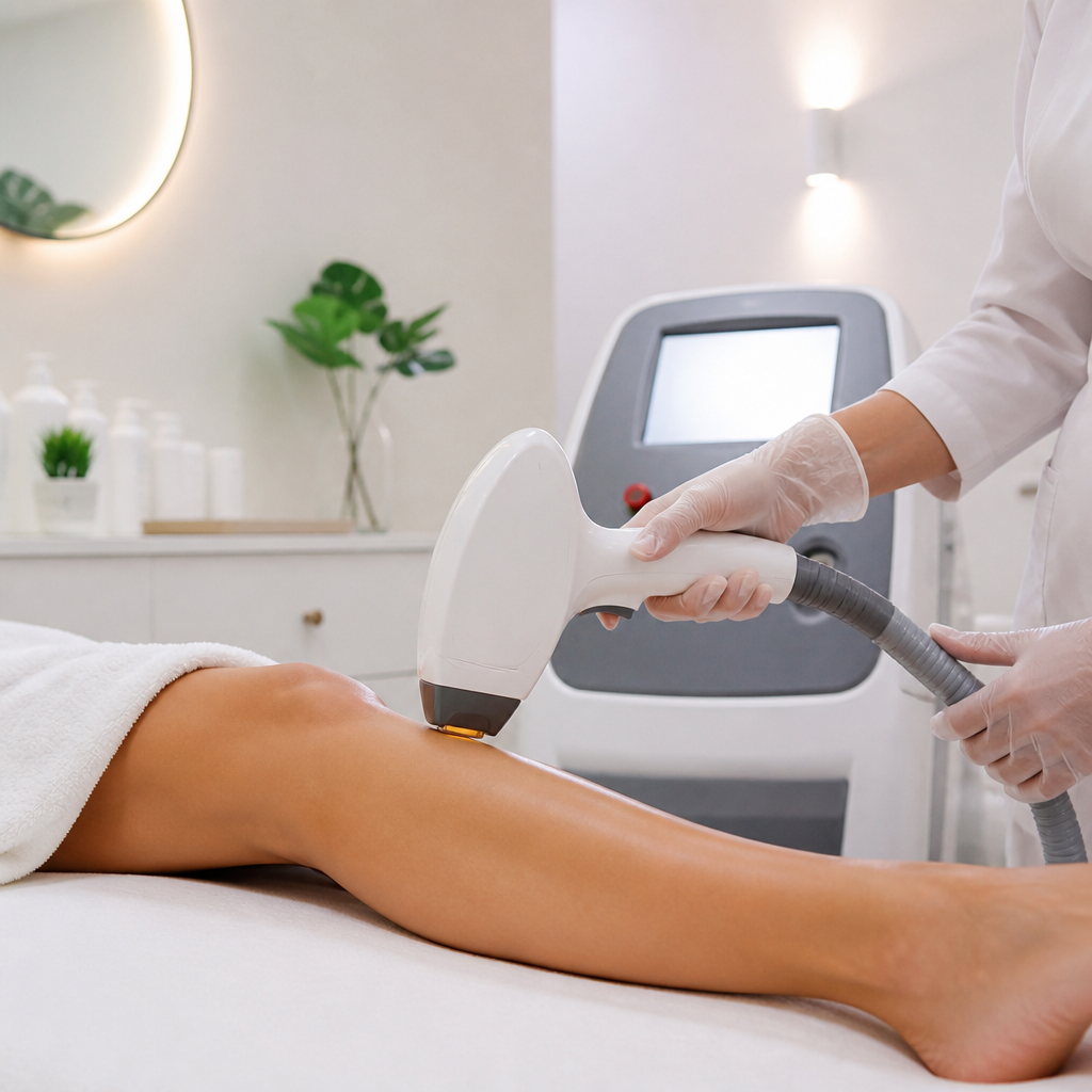 Close-up of a laser hair removal device applicator during treatment at a professional clinic