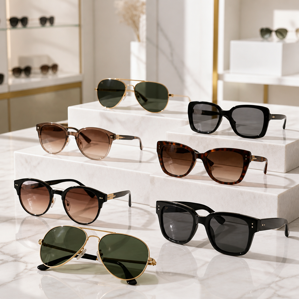 Premium designer sunglasses collection displayed on marble surface with natural lighting