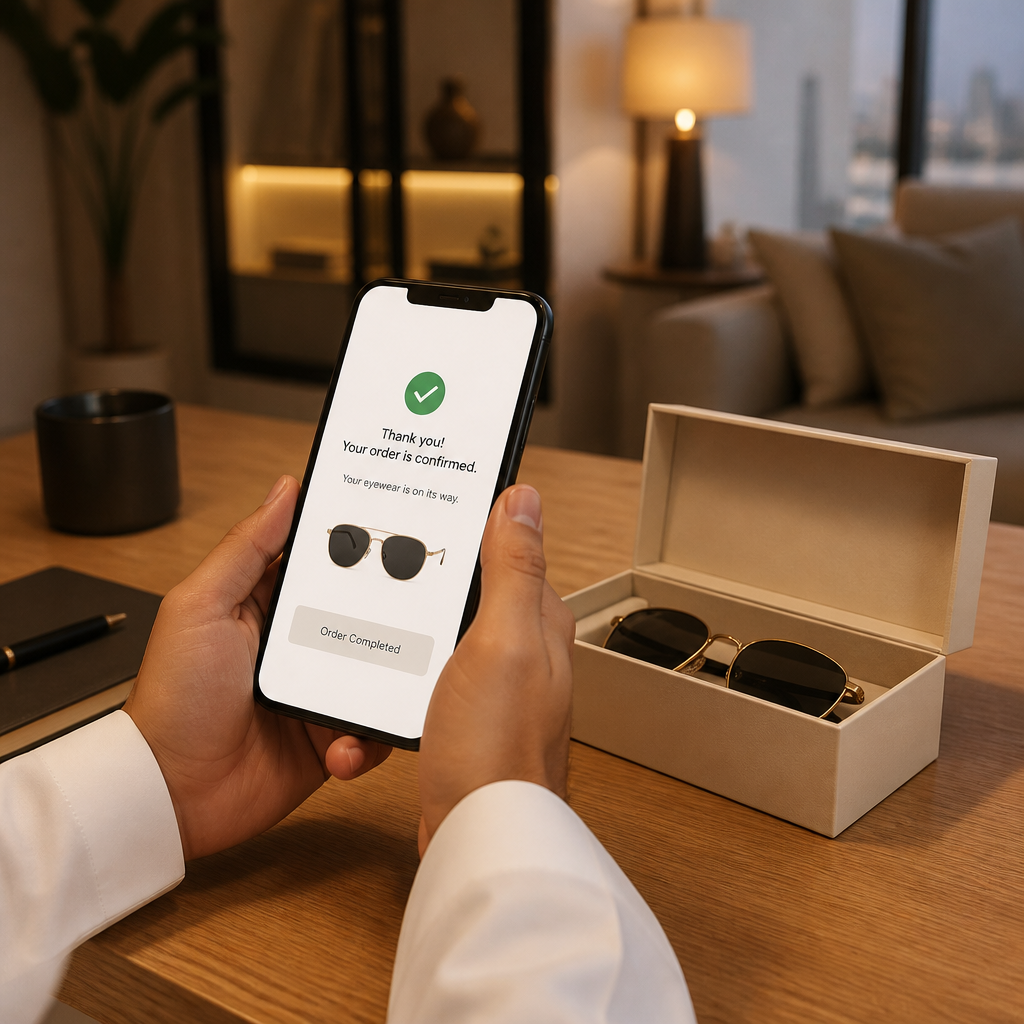 Online purchase completion moment with smartphone and designer eyewear box on desk