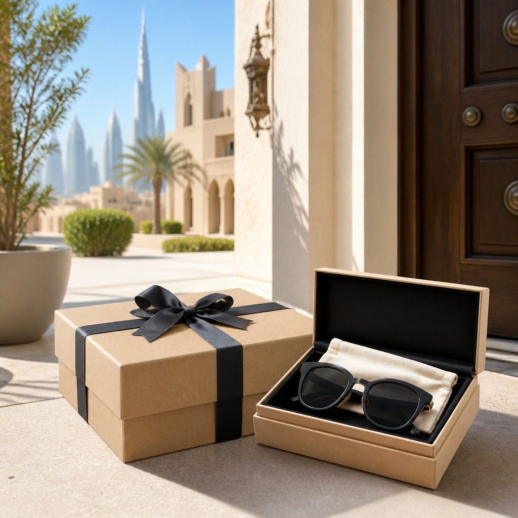 Premium eyewear delivery package at UAE residence doorstep, ready for unboxing