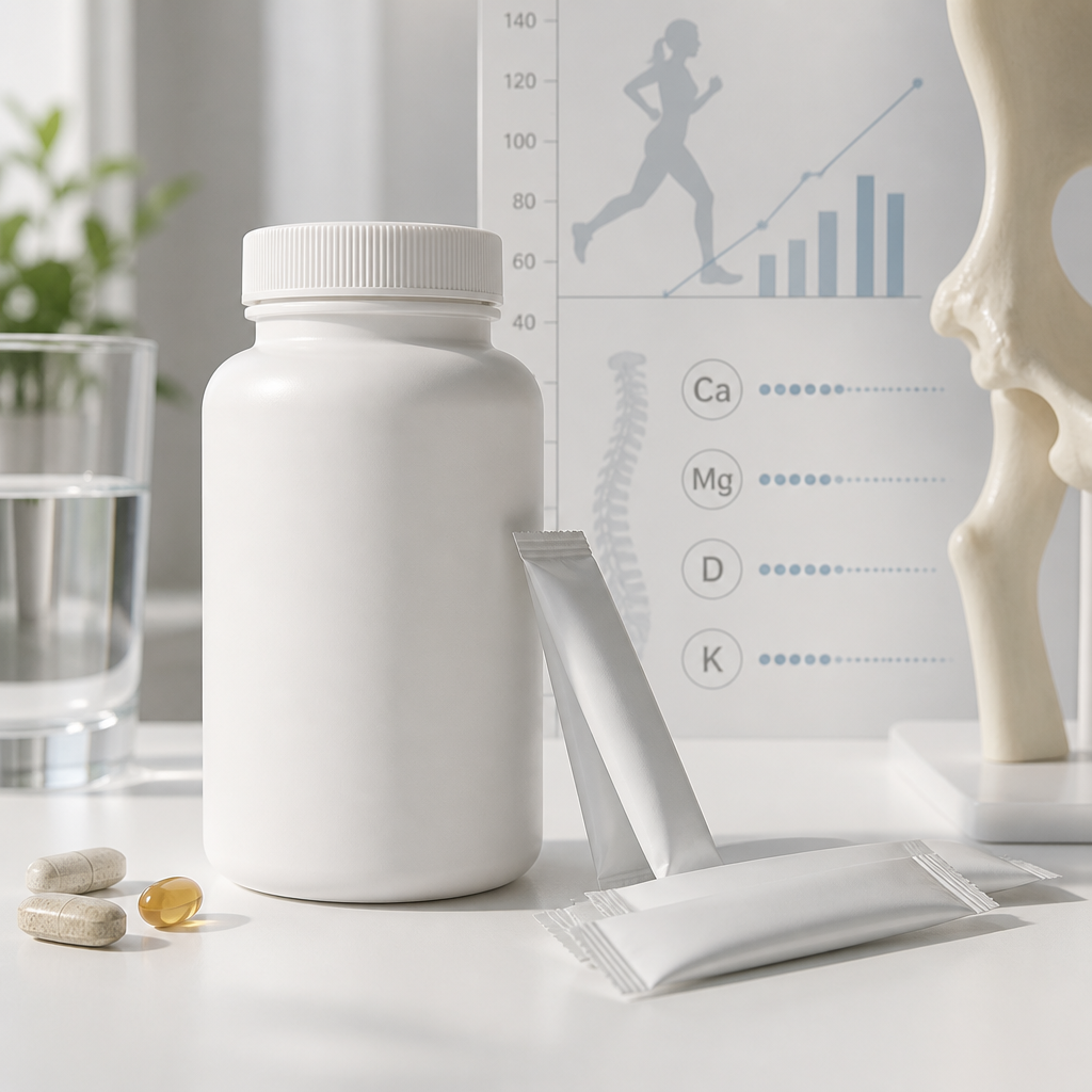 Dietary supplement bottle and electrolyte sachets displayed on white surface with athletic performance context