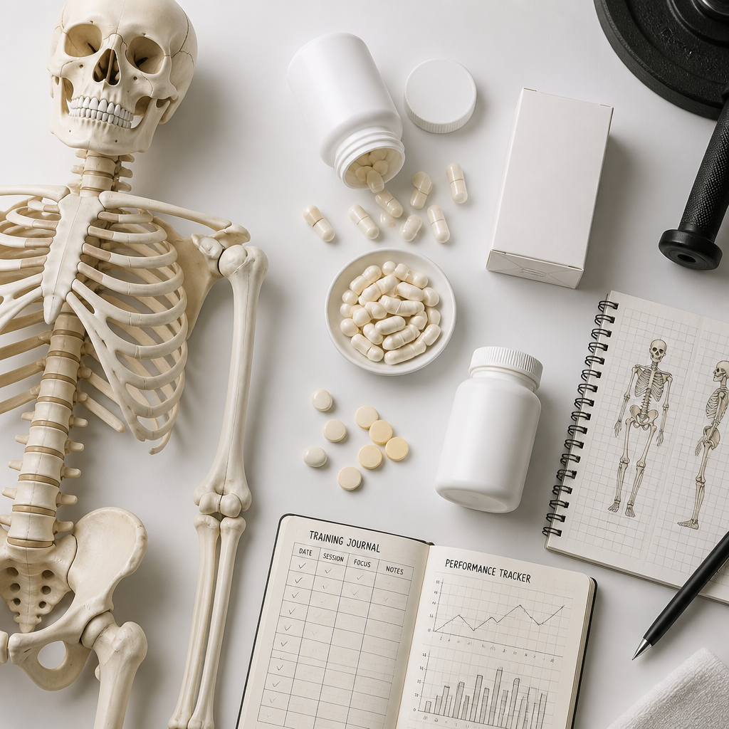 Supplement pills arranged with anatomical skeleton model representing bone health and athletic performance