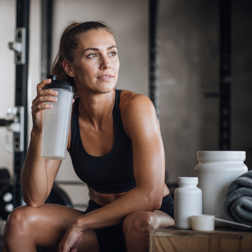 Active athlete with hydration drink during training session, representing performance nutrition and supplementation