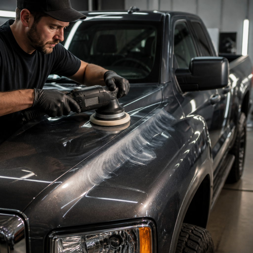 Professional detailing technician using machine polishing equipment on a full-size pickup truck hood panel