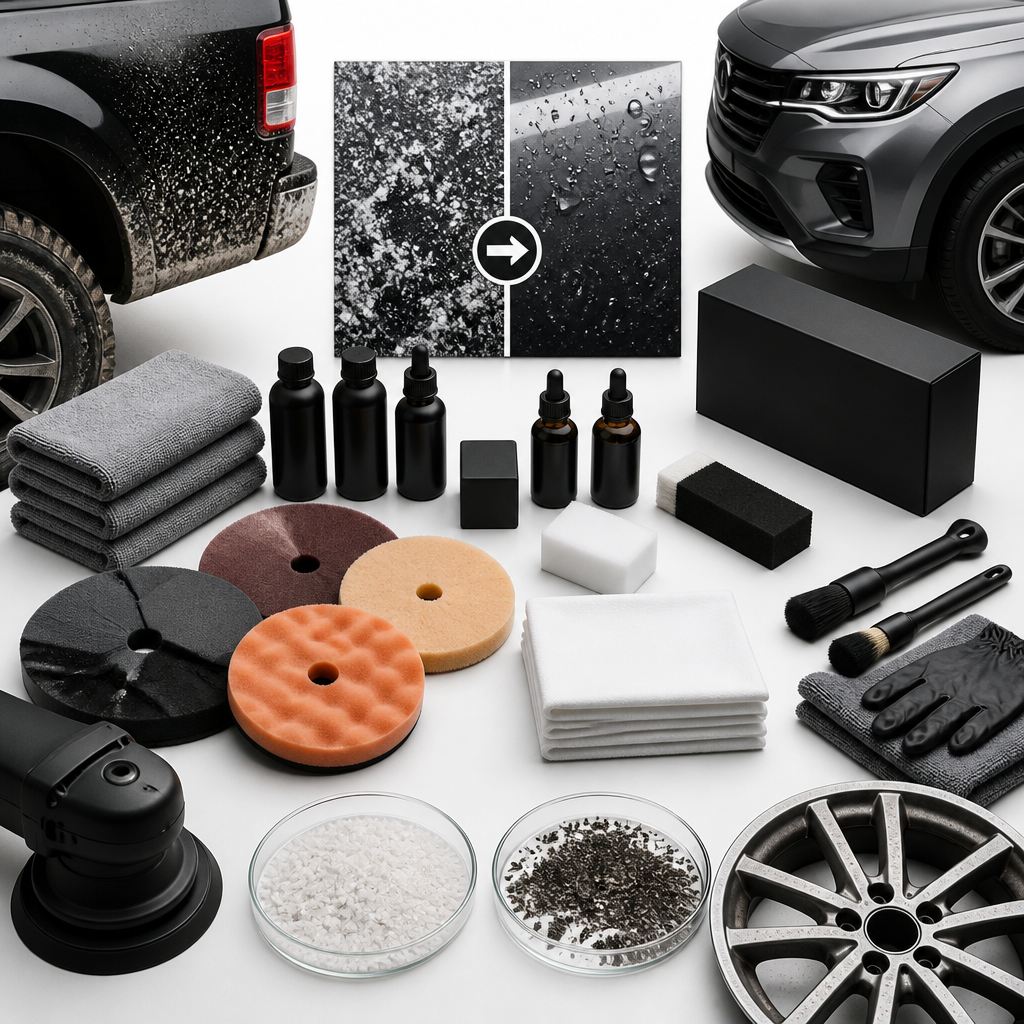 Professional truck detailing supplies including polishing equipment, ceramic coating application tools, and decontamination products