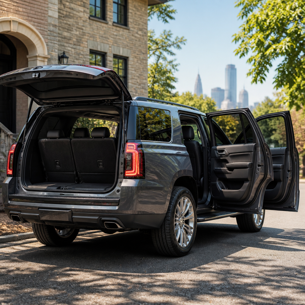 Large three-row SUV in Chicago suburban setting showing expanded interior cargo and seating areas that require specialized detailing