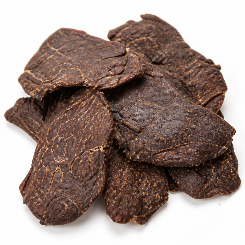 Close-up of premium air-dried beef dog treat chips showing natural whole meat texture