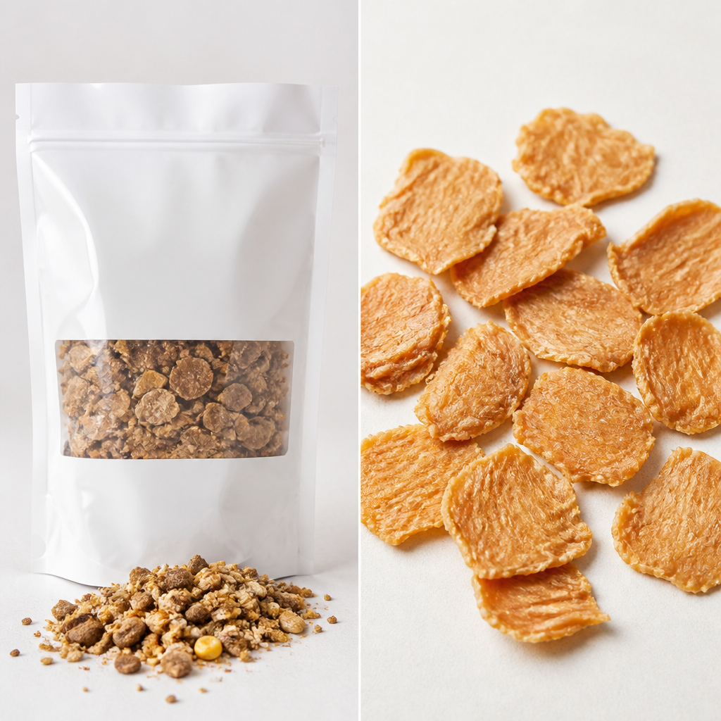 Side-by-side comparison of filler-based dog treats versus premium single-ingredient whole meat treats