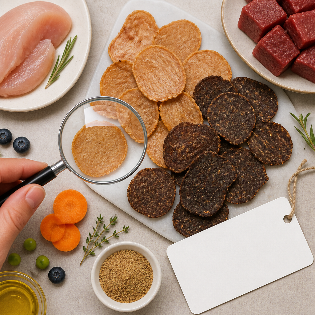 Flat-lay composition showing premium air-dried meat dog treats with magnifying glass inspecting ingredients and label information